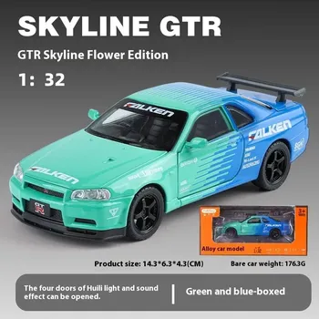 Модель автомобиля GTR Skyline Alloy в масштабе 1/32 со светодиодными огнями и звуковыми эффектами, идеальная игрушка для детей, коллекционная гоночная машина красный/чёрный