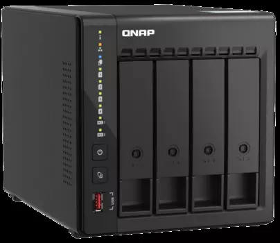 Сетевой RAID-накопитель QNAP TS-453E-8G 4 отсека 3,5"/2,5", 2 порта 2,5 GbE BASE-T, 2 HDMI-порта. Intel Celeron J6412 2,0 ГГц (2,6 ГГц), 8 ГБ.