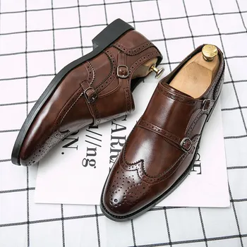 Fashion2024 Fashiona Leather Casual Shoe Men Loafers Luxury Band Male Dress Shoes Leisure Style Big Size 38-48 Men Buckle Leather Shoes 38 чёрный