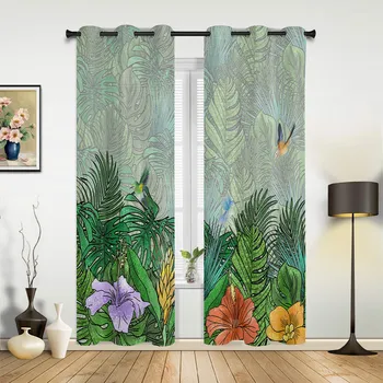 Tropical Monstera Hummingbird Flower Windows Curtains Living Room Bedroom Window Treatments Household Kitchen Curtains 135W x 60H(cm) x1