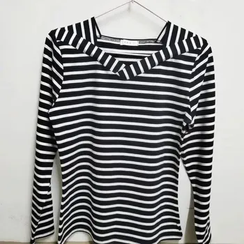 95 Cotton Long Sleeved Striped T-shirt Women s Fashion Spring Autumn New V-neck Bottoming Blouse 3XL чистый