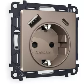 Комплект механизма Ambrella Volt электрической розетки ALFA MA640010 Темная бронза матовый 2USB A+C 20W быстрая зарядка с заземлением и шторками 2P+E 16A-250V QUANT