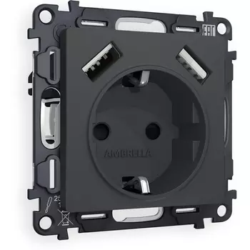 Комплект механизма Ambrella Volt электрической розетки ALFA MA909010 Графит мягкое касание 2USB A+A 18W быстрая зарядка с заземлением и шторками 2P+E 16A-250V QUANT