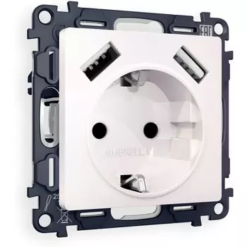 Комплект механизма Ambrella Volt электрической розетки ALFA MA209010 Жемчуг 2USB A+A 18W быстрая зарядка с заземлением и шторками 2P+E 16A-250V QUANT