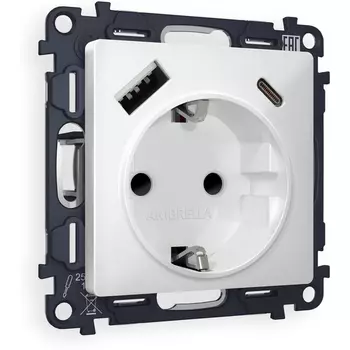 Комплект механизма Ambrella Volt электрической розетки ALFA MA130010 Белый матовый 2USB A+C 20W быстрая зарядка с заземлением со шторками 2P+E 16A-250V QUANT