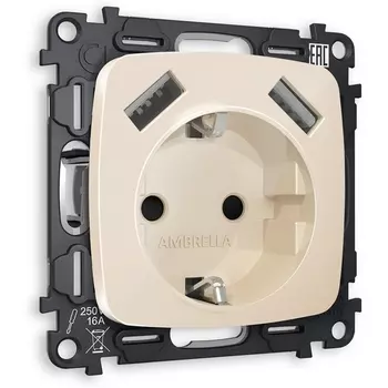 Комплект механизма Ambrella Volt электрической розетки OMEGA MO309010 Бежевый глянец 2USB A+A 18W быстрая зарядка с заземлением и шторками 2P+E 16A-250V QUANT