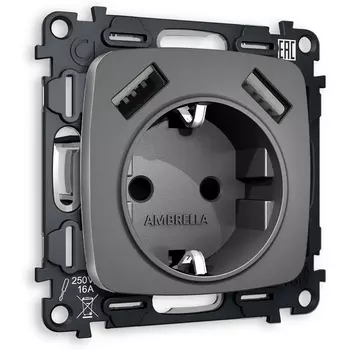 Комплект механизма Ambrella Volt электрической розетки OMEGA MO659010 Антрацит серый 2USB A+A 18W быстрая зарядка с заземлением и шторками 2P+E 16A-250V QUANT