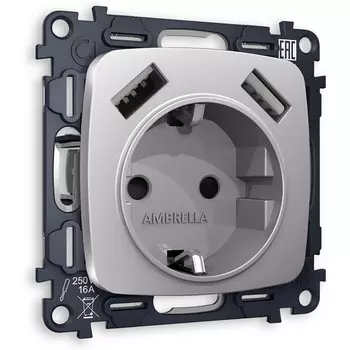 Комплект механизма Ambrella Volt электрической розетки OMEGA MO509010 Сталь матовый 2USB A+A 18W быстрая зарядка с заземлением и шторками 2P+E 16A-250V QUANT