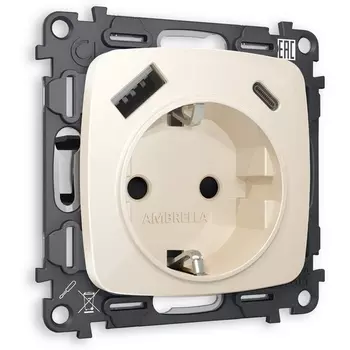 Комплект механизма Ambrella Volt электрической розетки OMEGA MO310010 Бежевый глянец 2USB A+C 20W быстрая зарядка с заземлением и шторками 2P+E 16A-250V QUANT
