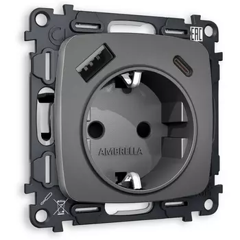 Комплект механизма Ambrella Volt электрической розетки OMEGA MO660010 Антрацит серый 2USB A+C 20W быстрая зарядка с заземлением и шторками 2P+E 16A-250V QUANT