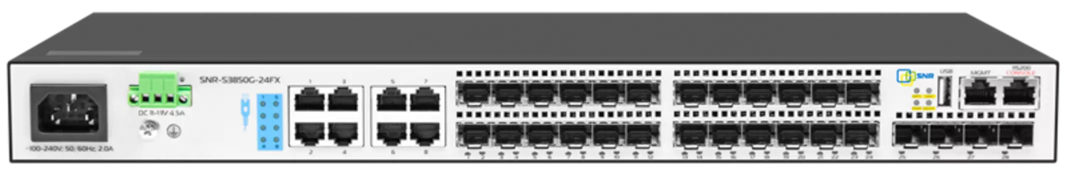 Коммутатор Управляемый коммутатор уровня 3, 16 портов 100/1000BaseX SFP, 8 Combo портов GE, 4 порта 1/10G SFP+, RPS DC 12V (SNR-S3850G-24FX)