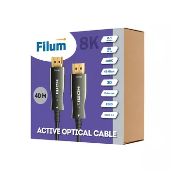 Кабель интерфейсный HDMI Filum FL-AOC-HDMI2.1-40M акт., опт., 40 м, 8K/60HZ_4K/120HZ, v.2.1, eARC, 48 Гб/с, 3D, HDCP 2.3, 19M/19M, черный, коробка