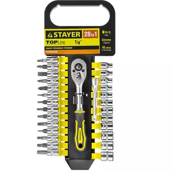 Набор Stayer "STANDARD" 27754-H28, Торцовые головки, биты-головки (1/4") на пластик рельсе, трещотка, удл-тель, 4-13мм, 28 пр.