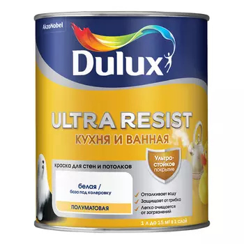 Краска моющаяся Dulux/Luxium Ultra Resist кухня и ванная база BW белая 1 л