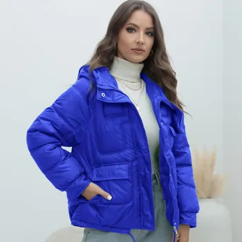 Зимние куртки для женщин, свободный воротник-стойка, теплые парки, теплая куртка с хлопковой подкладкой S чёрный