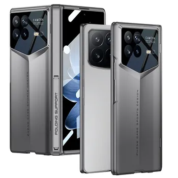 Роскошный деловой чехол-книжка для Xiaomi Mix Fold 4, черный, серый, магнитная подставка, шарнир, внешнее стекло, полностью в комплекте, пластиковый противоударный защитный чехол For Xiaomi Mix Fold4 чёрный