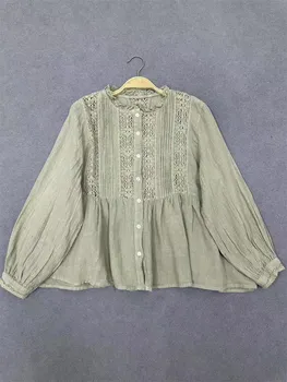 Johnature Fall Round Neck Top Shirts Casual Loose Vintage Ruffled Long Sleeve Lace Shirts One Size света кофе