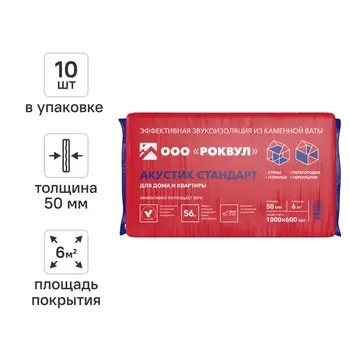 Звукоизоляция Роквул Акустик 50 мм 10 шт 600x1000 мм 6 м