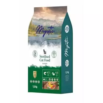 Mystic Sterilised Cat Food Salmon полнорационный сухой корм для стерилизованных кошек, с лососем - 1,5 кг повседневный супер премиум для взрослых с лососем для всех пород мешок Импортный корм 1 уп. х 1 шт. х 1.5 кг