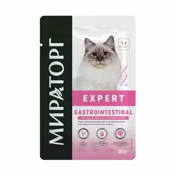 Мираторг Expert Gastrointestinal полнорационный влажный корм для кошек «Бережная забота о пищеварении», кусочки в соусе, в паучах - 80 г ветеринарный для взрослых для всех пород паучи Российский корм 1 уп. х 24 шт. х 1.92 кг