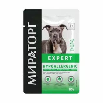 Мираторг Expert Hypoallergenic полнорационный влажный корм для собак «Снижение риска возникновения аллергии», кусочки, в паучах - 85 г ветеринарный для взрослых для всех пород паучи Российский корм 1 уп. х 24 шт. х 2.04 кг
