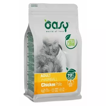 Oasy Dry Cat Adult Hairball сухой корм для взрослых кошек для выведения шерсти с курицей повседневный супер премиум зерновые для взрослых с курицей для всех пород мешок Испания 1 уп. х 1 шт. х 1.5 кг