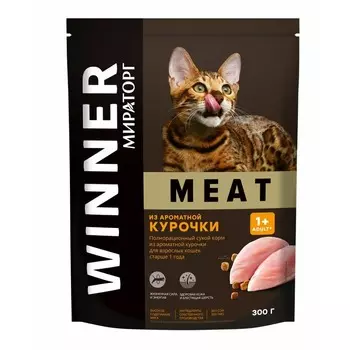 Мираторг Meat полнорационный сухой корм для кошек, с ароматной курочкой - 300 г повседневный для взрослых с курицей для всех пород мешок Российский корм 1 уп. х 1 шт. х 0.3 кг