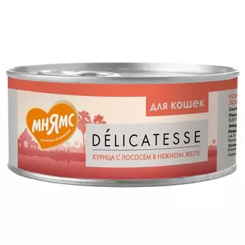 Мнямс Delicatesse влажный дополнительный корм для кошек курица с лососем в нежном желе, в консервах - 70 г х 24 шт повседневный супер премиум для взрослых с курицей консервы (в железной банке) Импортный корм 1 уп. х 24 шт. х 1.68 кг