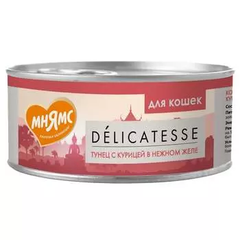 Мнямс Delicatesse влажный дополнительный корм для кошек тунец с курицей в нежном желе, в консервах - 70 г х 24 шт повседневный супер премиум для взрослых с тунцом консервы (в железной банке) Импортный корм 1 уп. х 24 шт. х 1.68 кг