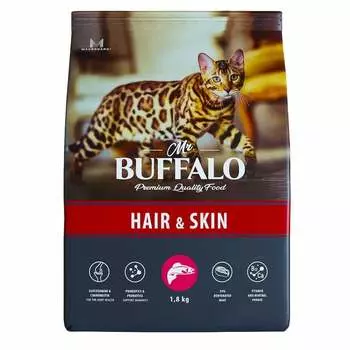 Mr.Buffalo Hair & Skin Adult полнорационный сухой корм для взрослых котов и кошек, для здоровой кожи и красивой шерсти, с лососем - 1,8 кг повседневный премиум для взрослых с лососем для всех пород мешок Российский корм 1 уп. х 1 шт. х 1.8 кг