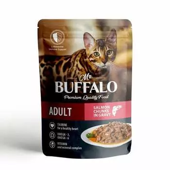 Mr. Buffalo Adult Hair & Skin влажный корм для котов и кошек, для кожи и шерсти, с лососем, кусочки в соусе, в паучах - 85 г повседневный премиум для взрослых с лососем для всех пород паучи Российский корм 1 уп. х 28 шт. х 2.38 кг