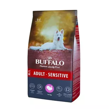 Mr. Buffalo Adult M/L Sensitive полнорацинный сухой корм для собак средних и крупных пород с чувствительным пищеварением, с индейкой - 14 кг повседневный премиум для взрослых с индейкой породы крупного размера мешок Российский корм 1 уп. х 1 шт. х 14 кг