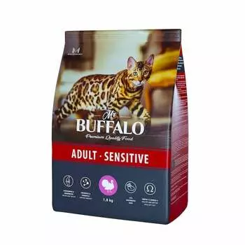 Mr.Buffalo Adult Sensitive полнорационный сухой корм для взрослых котов и кошек с чувствительным пищеварением, с индейкой - 1,8 кг повседневный премиум для взрослых с индейкой для всех пород мешок Российский корм 1 уп. х 1 шт. х 1.8 кг
