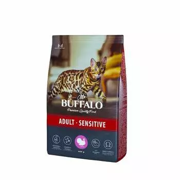 Mr.Buffalo Adult Sensitive полнорационный сухой корм для взрослых котов и кошек с чувствительным пищеварением, с индейкой - 400 г повседневный премиум для взрослых с индейкой для всех пород мешок Российский корм 1 уп. х 1 шт. х 0.4 кг