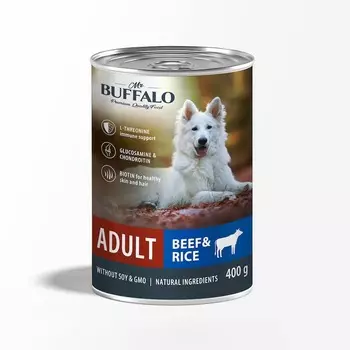 Mr.Buffalo Adult влажный корм для взрослых собак с говядиной и рисом, в консервах - 400 г х 9 шт повседневный премиум для взрослых с говядиной для всех пород консервы (в железной банке) Российский корм 1 уп. х 9 шт. х 3.6 кг