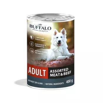 Mr.Buffalo Adult влажный корм для взрослых собак, мясное ассорти с говядиной, в консервах - 400 г х 9 шт повседневный премиум для взрослых с говядиной для всех пород консервы (в железной банке) Российский корм 1 уп. х 9 шт. х 3.6 кг