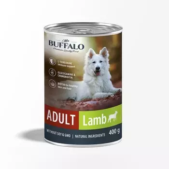 Mr.Buffalo Adult влажный корм для взрослых собак с ягненком, в консервах - 400 г х 9 шт повседневный премиум для взрослых с ягненком для всех пород консервы (в железной банке) Российский корм 1 уп. х 9 шт. х 3.6 кг