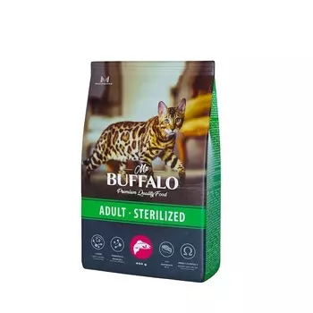 Mr.Buffalo Castrated полнорационный сухой корм для взрослых стерилизованных котов и кошек с лососем - 400 г повседневный премиум для взрослых с лососем для всех пород мешок Российский корм 1 уп. х 1 шт. х 0.4 кг