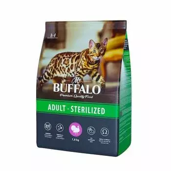Mr.Buffalo Castrated полнорационный сухой корм для взрослых стерилизованных котов и кошек с индейкой - 1,8 кг повседневный премиум для взрослых с индейкой для всех пород мешок Российский корм 1 уп. х 1 шт. х 1.8 кг