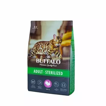 Mr.Buffalo Castrated полнорационный сухой корм для взрослых стерилизованных котов и кошек с индейкой - 400 г повседневный премиум для взрослых с индейкой для всех пород мешок Российский корм 1 уп. х 1 шт. х 0.4 кг