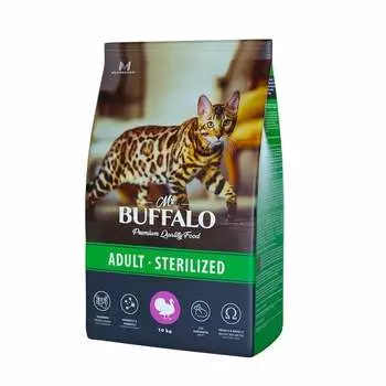 Mr.Buffalo Castrated полнорационный сухой корм для взрослых стерилизованных котов и кошек с индейкой - 10 кг повседневный премиум для взрослых с индейкой для всех пород мешок Россия 1 уп. х 1 шт. х 10.106 кг