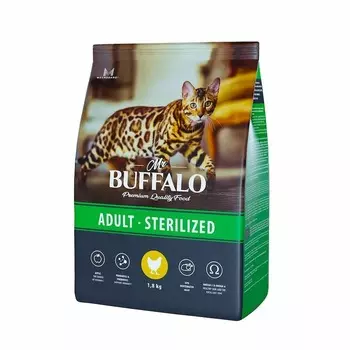 Mr.Buffalo Castrated полнорационный сухой корм для взрослых стерилизованных котов и кошек с курицей - 1,8 кг повседневный премиум для взрослых с курицей для всех пород мешок Российский корм 1 уп. х 1 шт. х 1.8 кг