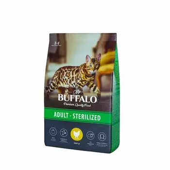 Mr.Buffalo Castrated полнорационный сухой корм для взрослых стерилизованных котов и кошек с курицей - 400 г повседневный премиум для взрослых с курицей для всех пород мешок Российский корм 1 уп. х 1 шт. х 0.4 кг