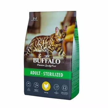 Mr.Buffalo Castrated полнорационный сухой корм для взрослых стерилизованных котов и кошек с курицей - 10 кг повседневный премиум для взрослых с курицей для всех пород мешок Российский корм 1 уп. х 1 шт. х 10 кг