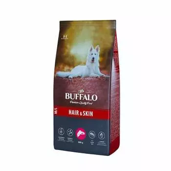 Mr.Buffalo Hair & Skin Care полнорационный сухой корм для взрослых собак всех пород, для здоровой кожи и красивой шерсти, с лососем - 800 г повседневный премиум для взрослых с лососем для всех пород мешок Российский корм 1 уп. х 1 шт. х 0.8 кг