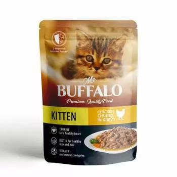 Mr.Buffalo Kitten влажный корм для котят, нежный цыпленок в соусе, в паучах - 85 г х 28 шт повседневный премиум для котят с цыпленком для всех пород паучи Российский корм 1 уп. х 28 шт. х 2.38 кг