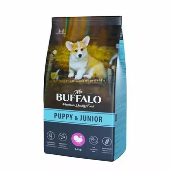 Mr.Buffalo Puppy & Junior полнорационный сухой корм для щенков и юниоров всех пород с индейкой - 14 кг повседневный премиум для щенков с индейкой для всех пород мешок Российский корм 1 уп. х 1 шт. х 14 кг