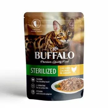 Mr. Buffalo Sterilized влажный корм для стерилизованных котов и кошек, с цыпленком, кусочки в соусе, в паучах - 85 г повседневный премиум для взрослых с цыпленком для всех пород паучи Российский корм 1 уп. х 28 шт. х 2.38 кг