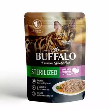 Mr. Buffalo Sterilized влажный корм для стерилизованных котов и кошек, с индейкой, кусочки в соусе, в паучах - 85 г повседневный премиум для взрослых с индейкой для всех пород паучи Российский корм 1 уп. х 28 шт. х 2.38 кг