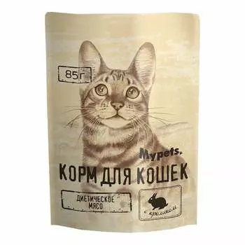 Mypets влажный корм для взрослых кошек с кроликом, в паучах - 85 г х 28 шт повседневный премиум для взрослых с кроликом для всех пород паучи Российский корм 1 уп. х 28 шт. х 2.38 кг